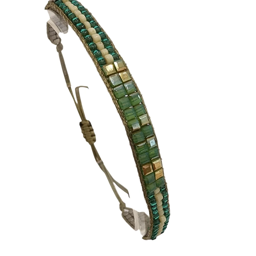 Boho dainty bracelet petite seed beads adjustable length green golden lime gold